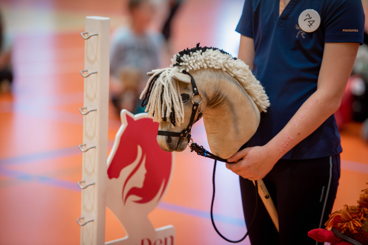 Nærbillede fra LarDen og CHHA's indendørs stævne, hvor deltagere i marineblå sportstrøjer holder Hobby Horses ved en hvid springstander og en rød-hvid springvinge. Forrest ses en lysebrun kæphest med manke af creme og sort garn og en trense.