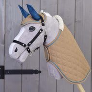 Grey plush Hobby Horse wearing the beige quilted Set Almond Star with navy ears, a sherpa collar and a black halter