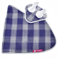 Outer side of the blue and white checked Hobby Horse blanket with matching ear bonnet and pink LarDen label