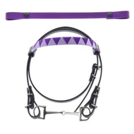 Sort trense til Hobby Horse med bid og lilla pandebånd med trekanter samt et ekstra glat lilla pandebånd med trykknapper