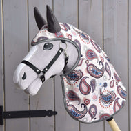 Raincoat Fairy Blue on a grey Hobby Horse with black halter, cream softshell with pink and purple paisley and dark grey ears