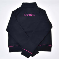 Bagsiden af den sorte Hobby Horse LarDen sweatshirt lagt fladt med lyserød skrift over skuldrene og lyserøde kanter ved manchetterne