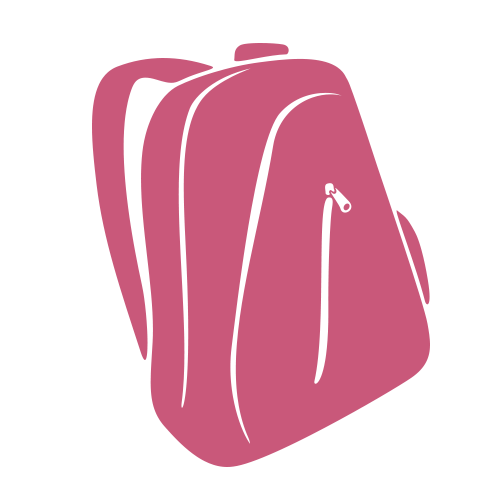 Illustration af en lyserød rygsæk med lynlåslomme og skulderstropper