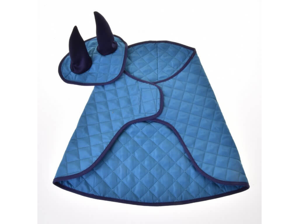 The Set Thermo Sky by Hobby Horse LarDen features a blue quilted costume or cape with dark blue edging and two upright horns on a rounded headpiece, inspired by a hobby horse ear bonnet for stylish insect protection.