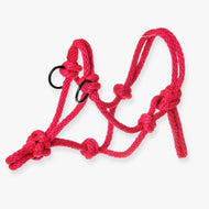 The Rope halter red by Hobby Horse LarDen features several knots and two black metal rings, making it perfect for a hobby horse. Displayed against a white background.