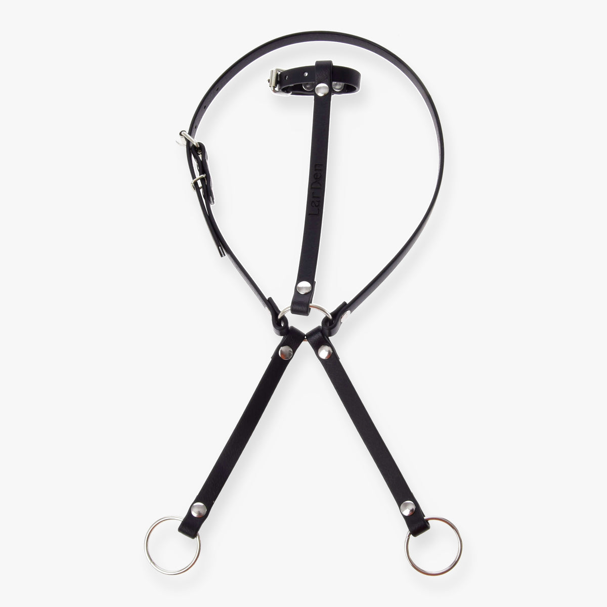 LarDen Hobby Horse Martingale black in smooth black leatherette, an adjustable neck strap above two forks with silver rings