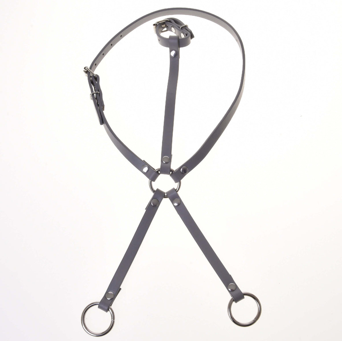 A grey leatherette bridle, reins, and martingale set from Hobby Horse LarDen with adjustable straps and metal rings, displayed flat on a white background; ideal for hobby horse enthusiasts.