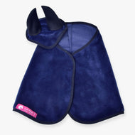 The Set Dark Blue by Hobby Horse LarDen includes a dark blue fleece ear bonnet with two pointed black ears and a matching blanket. A pink Lamben tag is on the bottom left corner.