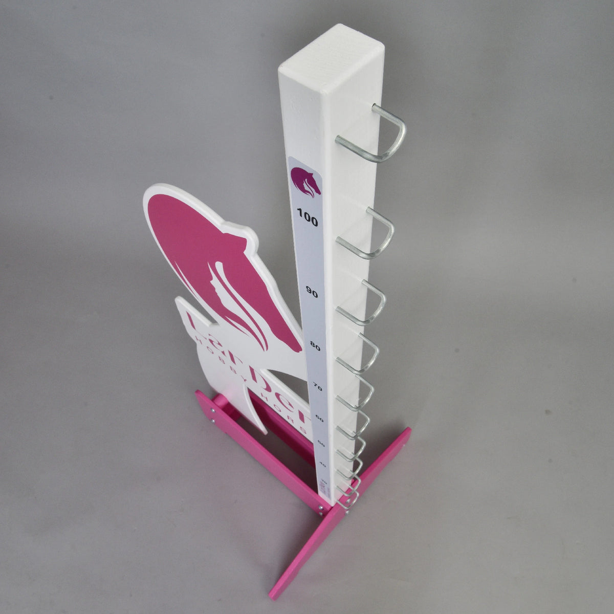 View from above along one white post with U-shaped hooks up to the 100 mark, the pink wing and pink feet below