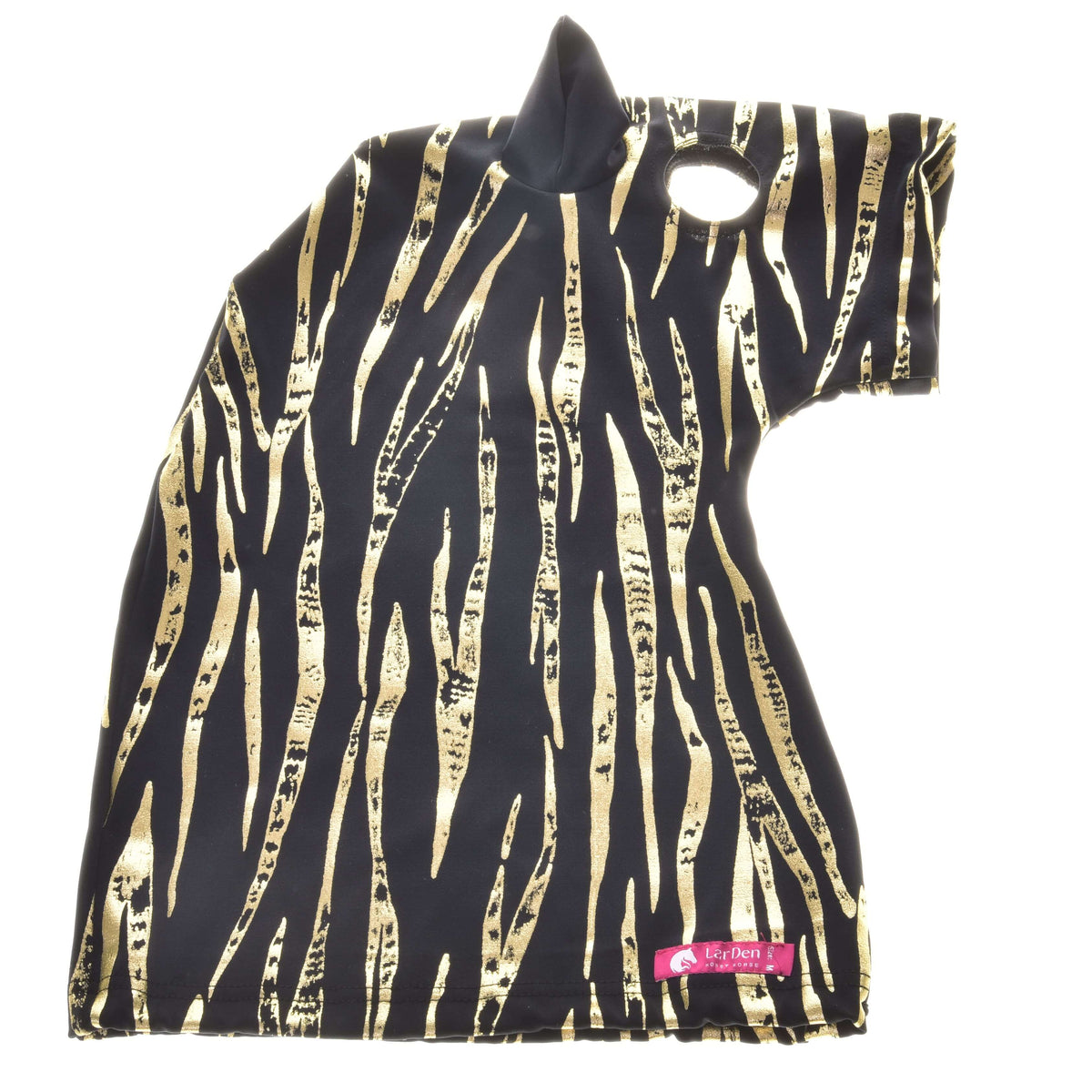 The Hobby Horse LarDen protective suit, Zebra Gold (Lycra), is a black pet shirt with shiny gold zebra stripes, a head hole, small collar with ear detail, and a pink “By Petti” label near the bottom—ideal for stylish protection.
