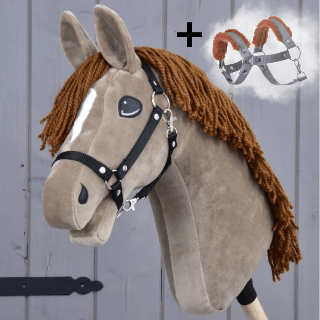 Hobby Horse LarDen's "Hobby Horse Oliver with Black Halter + Fur Halter for FREE" is featured against a wooden background, showcasing its brown mane, white marking, black halter, and an added harness image with a plus sign.