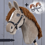 Hobby Horse LarDen's "Hobby Horse Oliver with Black Halter + Fur Halter for FREE" is featured against a wooden background, showcasing its brown mane, white marking, black halter, and an added harness image with a plus sign.