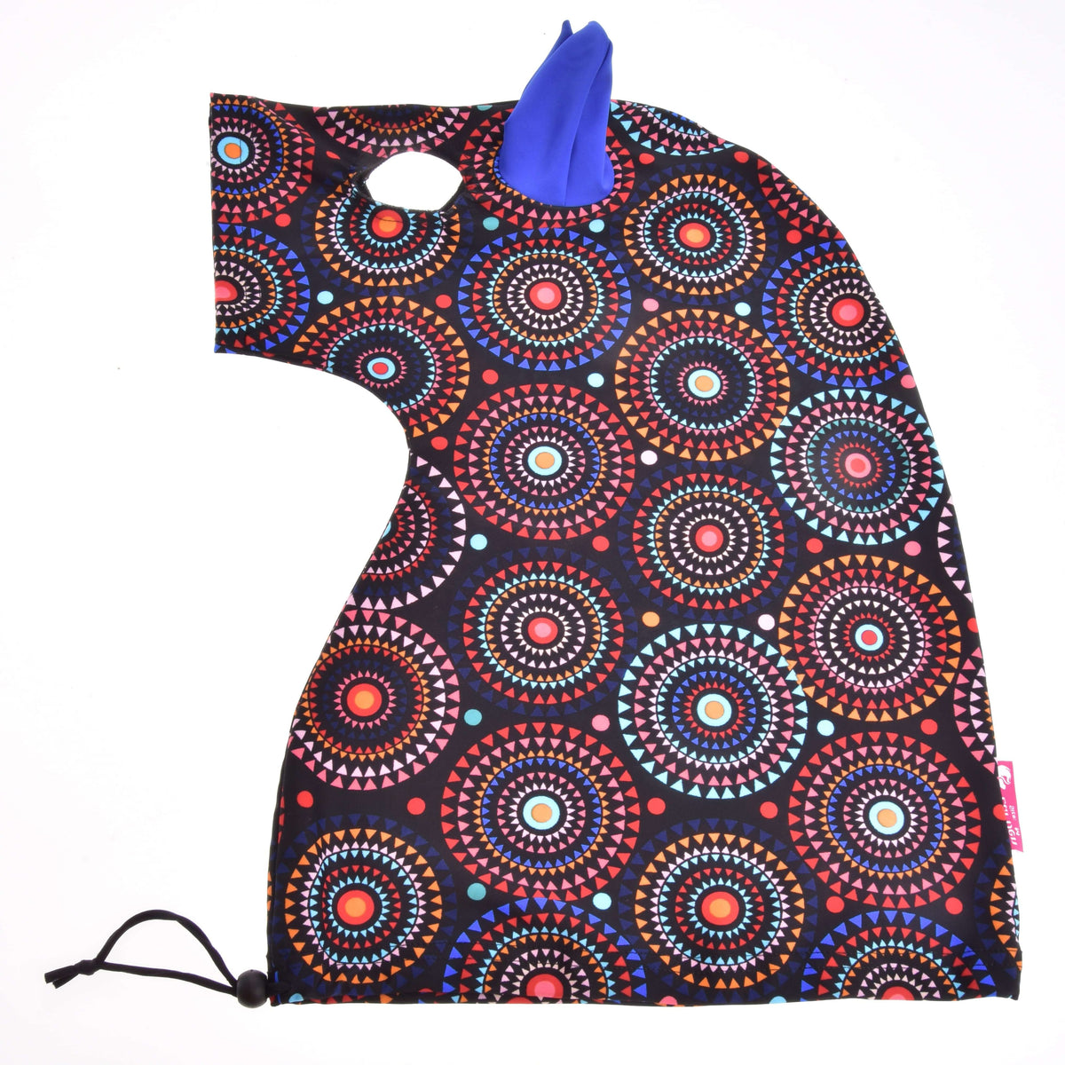 The Hobby Horse LarDen "Alice" Protective suit (Lycra) features vibrant circular patterns, a cutout hole, blue fabric spike, and black drawstring at the bottom, shown laid flat on a white background.