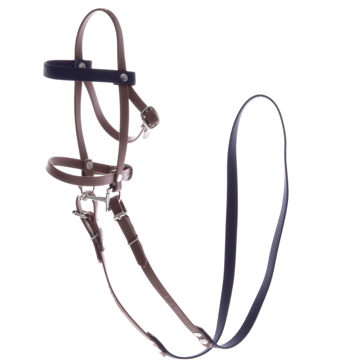The Hobby Horse LarDen Complete bridle with noseband in brown and purple, featuring leather, metal buckles, and rings, is displayed against a white background.