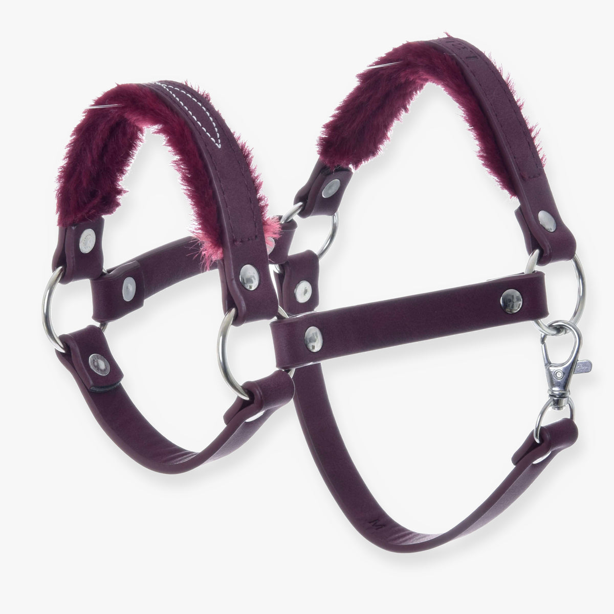 The Hobby Horse LarDen Halter with fur—leatherette Burgundy features soft, fuzzy padding for comfort and control, plus silver hardware, making it a stylish and functional accessory for your hobby horse.