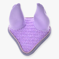 The Hobby Horse LarDen Ear bonnet Orchid is a purple crocheted ear bonnet with soft fabric ear covers and gray trim, designed to protect horses from insects and provide comfort.