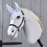Pastel patterned ear bonnet with white ears worn by a grey Hobby Horse