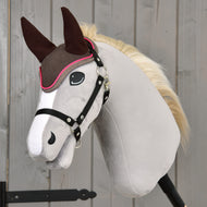 Brown ear bonnet with bright pink edging worn on a grey Hobby Horse with blonde mane