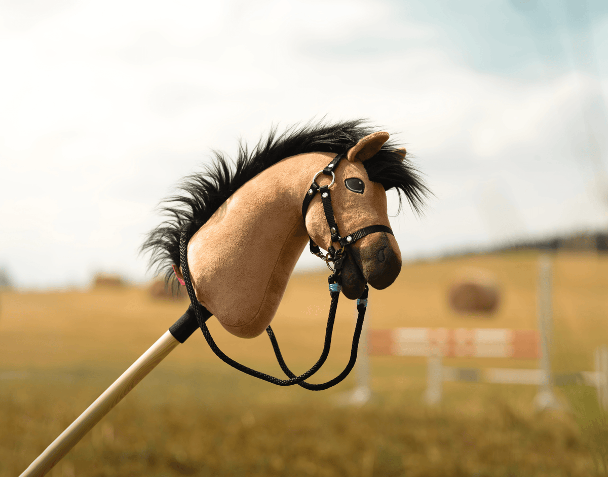A close-up of a Hobby Horsing toy: a tan-faced Hobby Horse with black mane and bridle, mounted on a wooden stick, set outdoors in a blurry field with hay bales and a bench in the background.