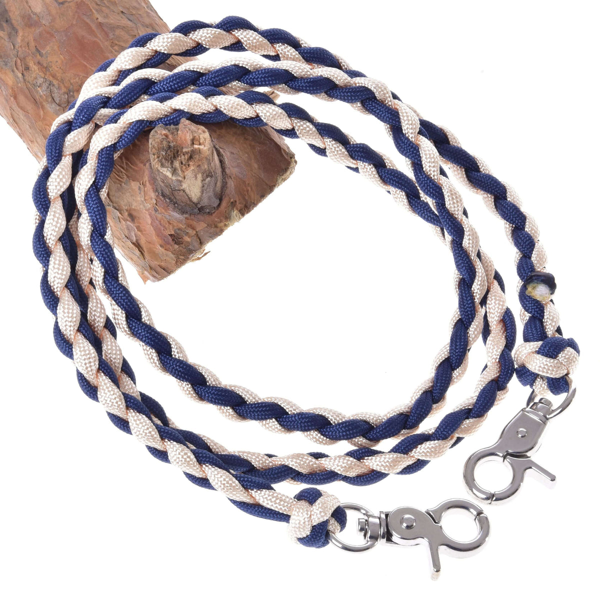 The Hobby Horse LarDen Reins Cremo/Blue is a blue and beige braided polypropylene rope leash with metal clasps at both ends, ideal for use as handmade or hobby horse reins.