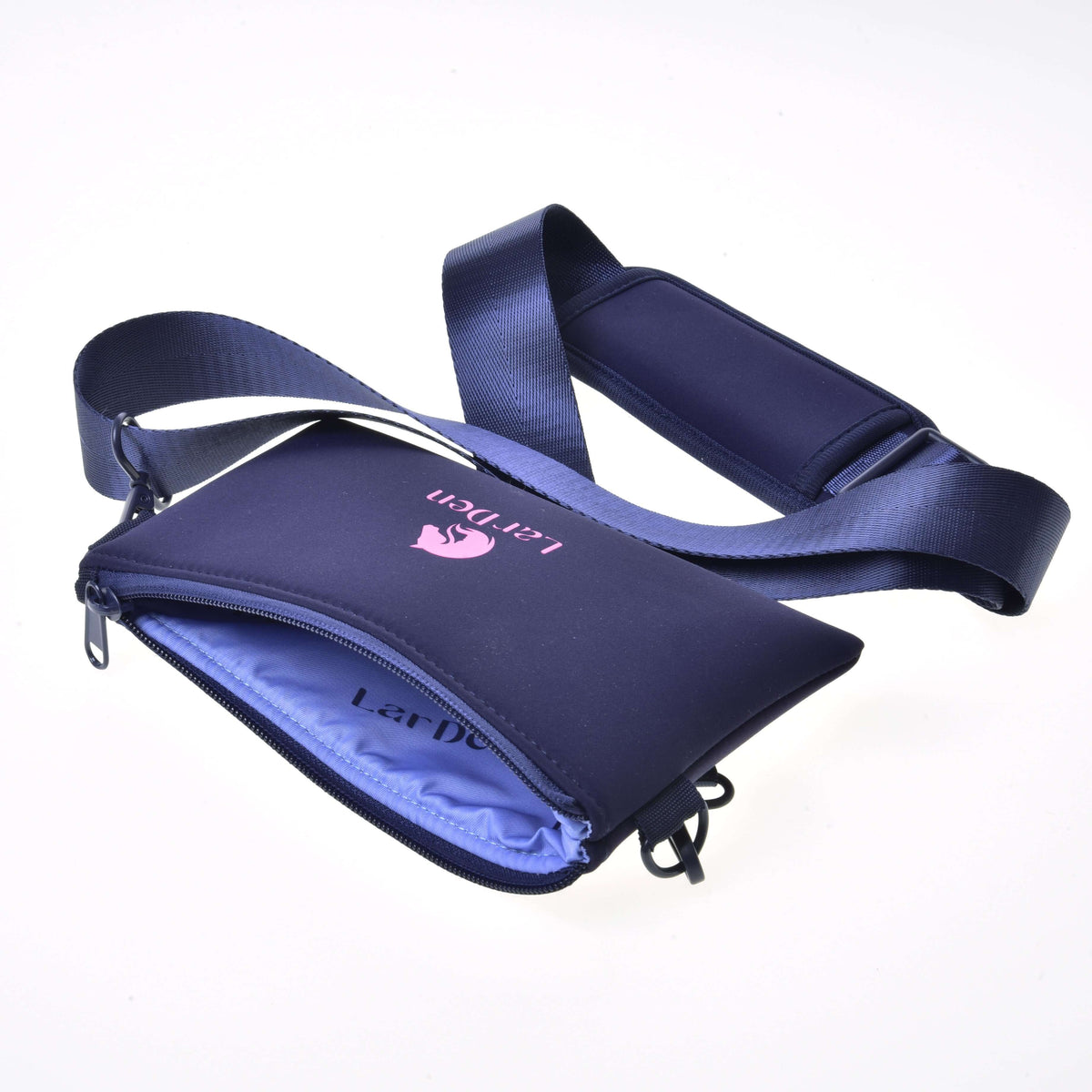 A navy blue neoprene Cross body bag by Hobby Horse LarDen, with an adjustable strap and partially unzipped to show a light blue lining. The front displays the brand name and a pink logo.