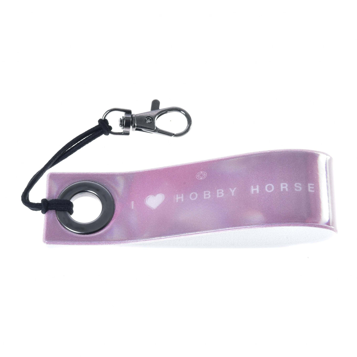 Back of the pink reflective keychain band printed with I ♥ Hobby Horse in white, with black cord and silver snap hook