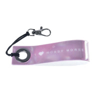 The Keychain band LarDen by Hobby Horse LarDen is a pink accessory with a metal ring, black cord, and silver clasp. It features “I ♥ HOBBY HORSE” in white—ideal for any Hobby Horsing fan.