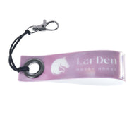 A pink and white Keychain band LarDen by Hobby Horse LarDen, with a metal grommet, black cord, silver clasp, horse head logo, and "LarDen HOBBY HORSE" text—ideal for any Hobby Horsing fan.