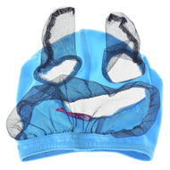 The Hobby Horse LarDen Fly Mask features blue fabric with two mesh bunny ears and a mesh oval nose patch on top, resembling a cartoon animal face, for washable comfort and playful protection during swim time.