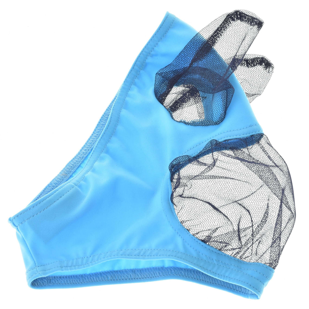 The Hobby Horse LarDen Fly Mask features blue fabric with black mesh panels for style and protection, shown on a white background.