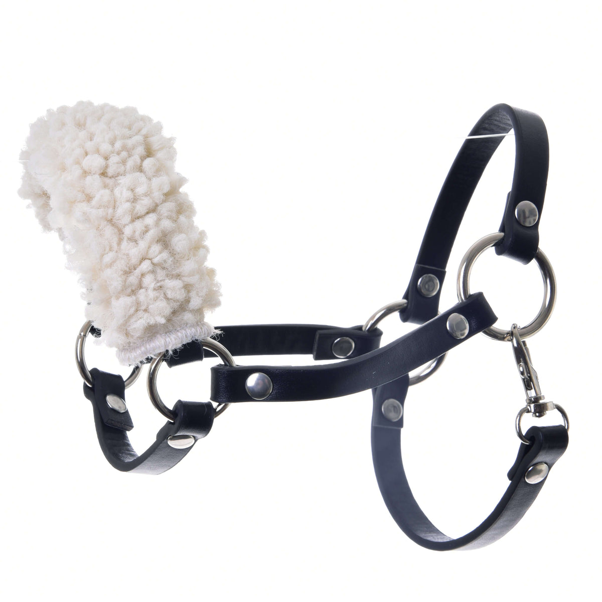 The Hobby Horse LarDen Set Basic is a black leather halter with lamb fleece noseband padding, metal rings and studs for durability—ideal for any Hobby Horse collection, shown on a white background.