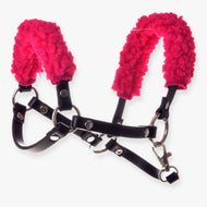 The Hobby Horse LarDen Black halter with rose fur - leatherette features silver hardware and bright rose fur padding on the noseband and crownpiece for comfort and style—ideal for horses or as a hobby horse halter.