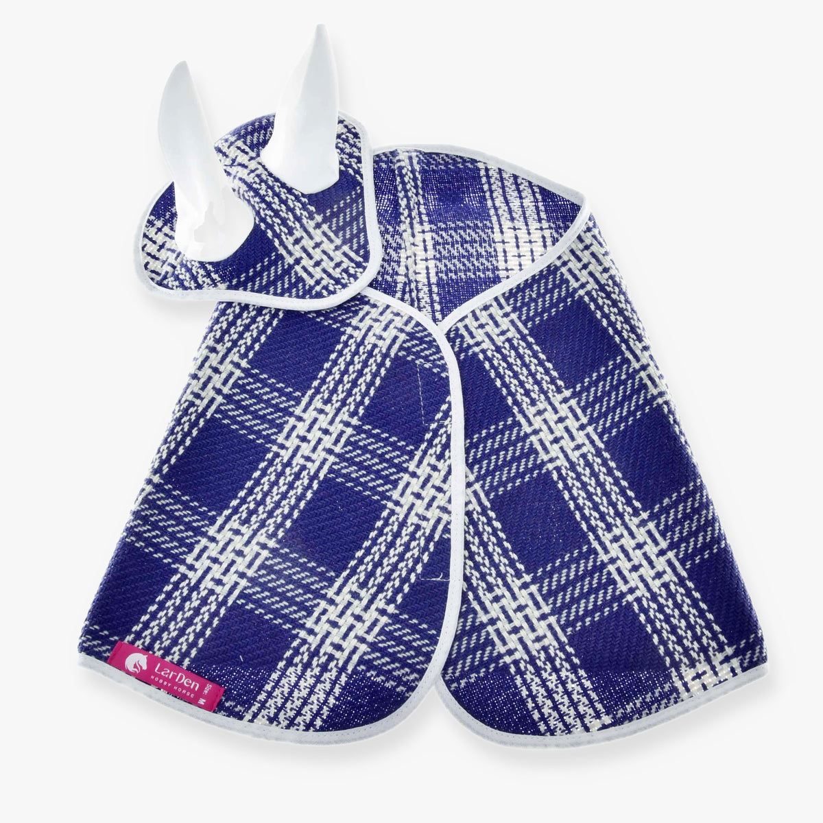 The Set Blue Cube by Hobby Horse LarDen features a blue and white plaid blanket with matching ear bonnet, both trimmed in white, arranged on a white background. The blanket displays a pink label with a white horse logo.