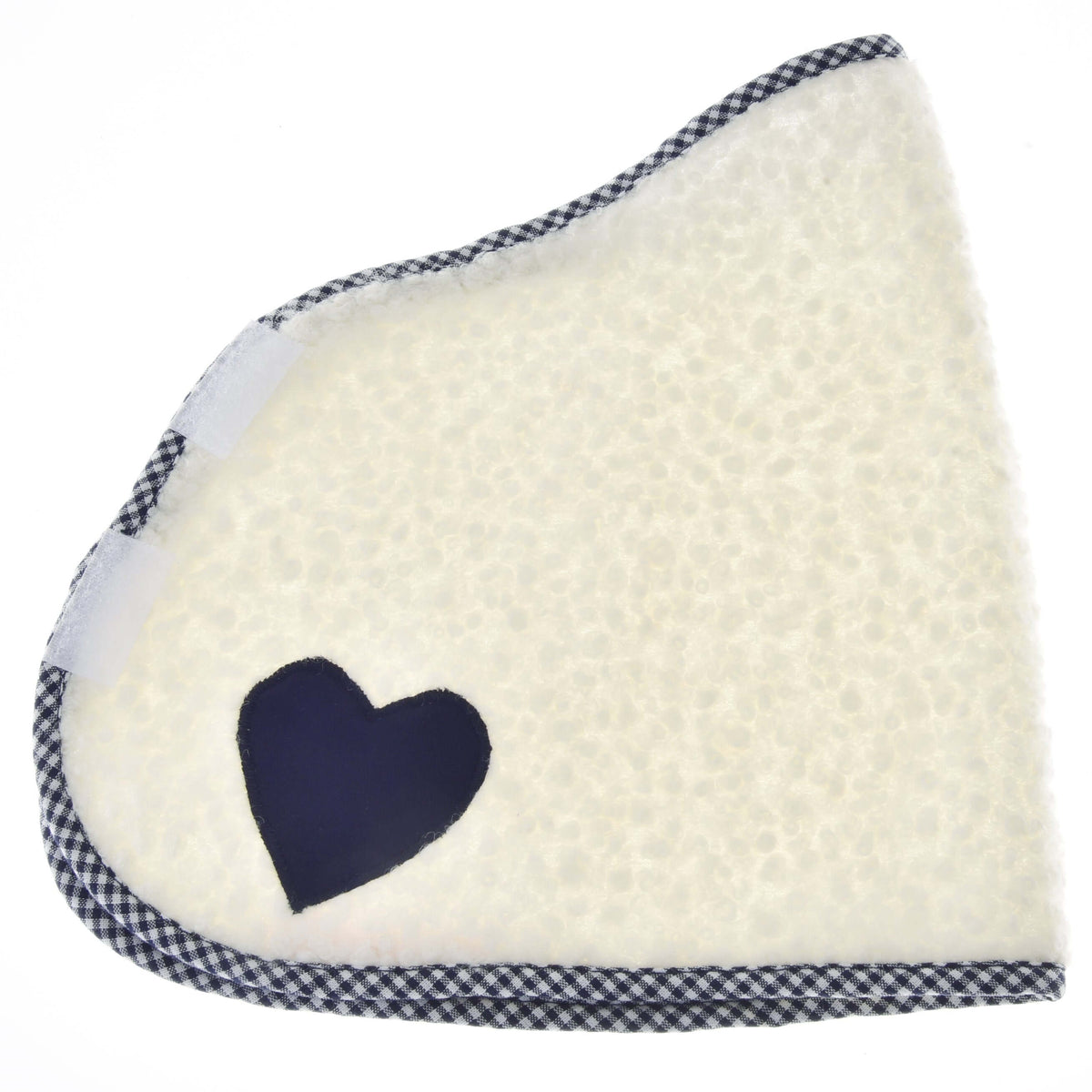 The Blanket cube blue by Hobby Horse LarDen is a white, textured, triangular blanket with blue gingham trim, a dark blue heart patch in one corner, and Velcro fasteners on one edge.