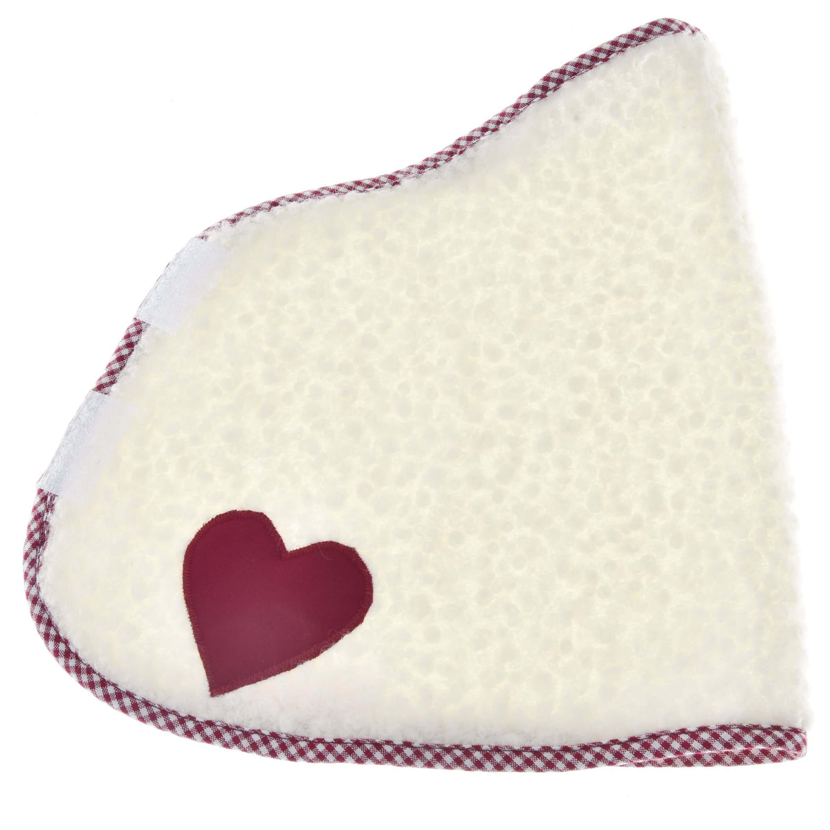 The Blanket cube red by Hobby Horse LarDen is a white, textured, wedge-shaped blanket with a red heart patch, red-checked trim, and Velcro strips on the left side for horse protection during training.