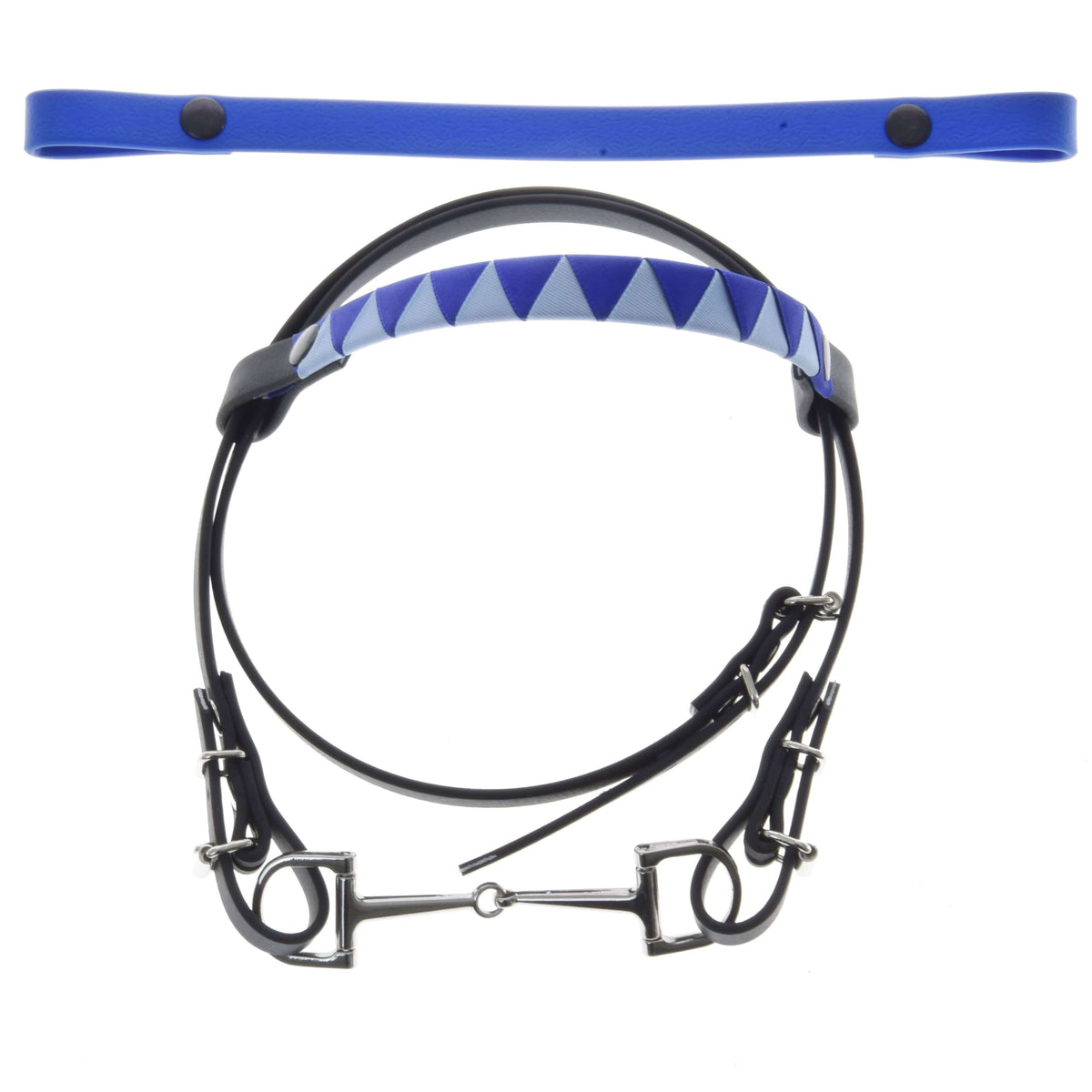 The Hobby Horse LarDen "Bridle with 2 Headbands Blue" (size M) features a blue and black design, silver bit, geometric blue-and-white padded interchangeable browband, and is shown with a matching blue strap on a white background.