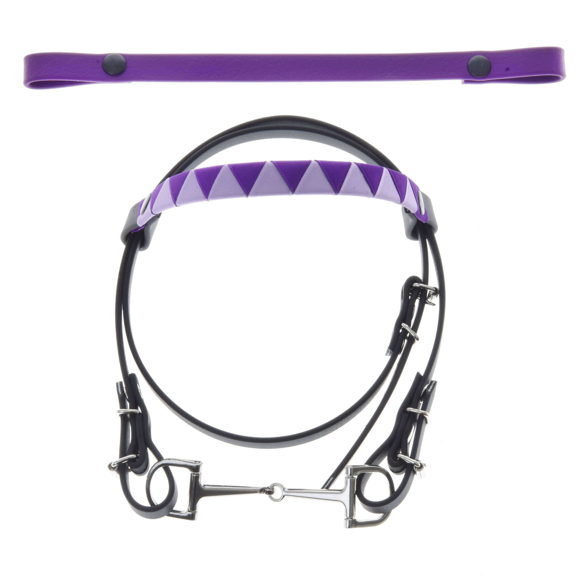 The Hobby Horse LarDen Bridle with 2 headbands purple (size M) features a silver bit, geometric diamond-patterned interchangeable browband, and is shown with a matching purple strap with two buttons.