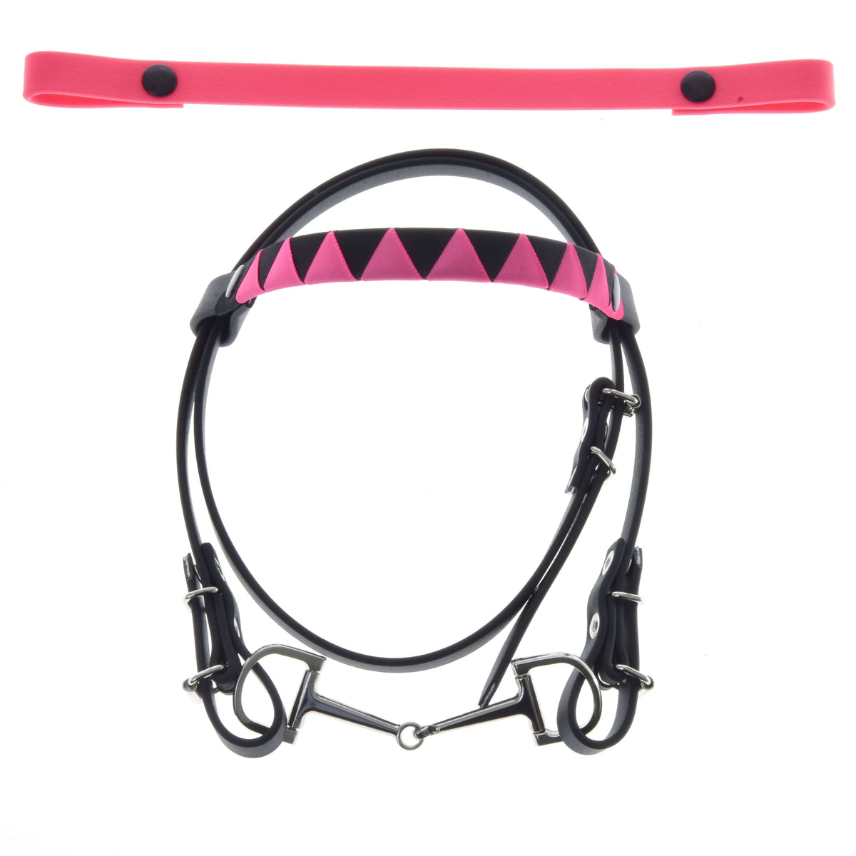 Black Hobby Horse bridle with bit, a pink and black triangle browband and a spare plain pink browband