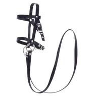 The Hobby Horse LarDen Black bridle with reins from strap is designed for small animals, featuring adjustable straps with metal buckles and rings. Ideal as a hobby horse bridle, this set includes reins and is shown on a white background.