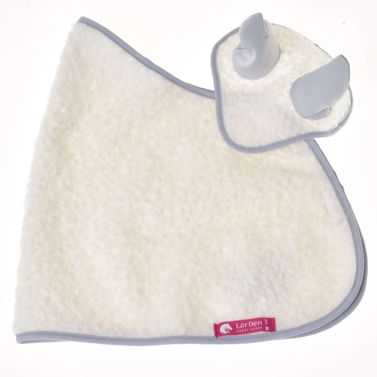 The Hobby Horse LarDen Set Snowflake includes a soft, white baby bib with two small gray ears and a matching burp cloth, both with light gray trim. Each piece features a pink tag with a white logo and text, inspired by cozy blanket sets.