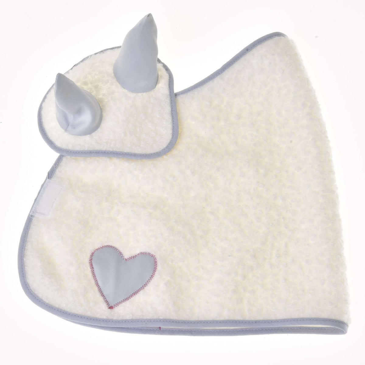 The Set Snowflake bib by Hobby Horse LarDen is a soft white baby bib with a light grey trim, two pointed horn details like an ear bonnet, and a grey heart-shaped patch stitched near the bottom corner.