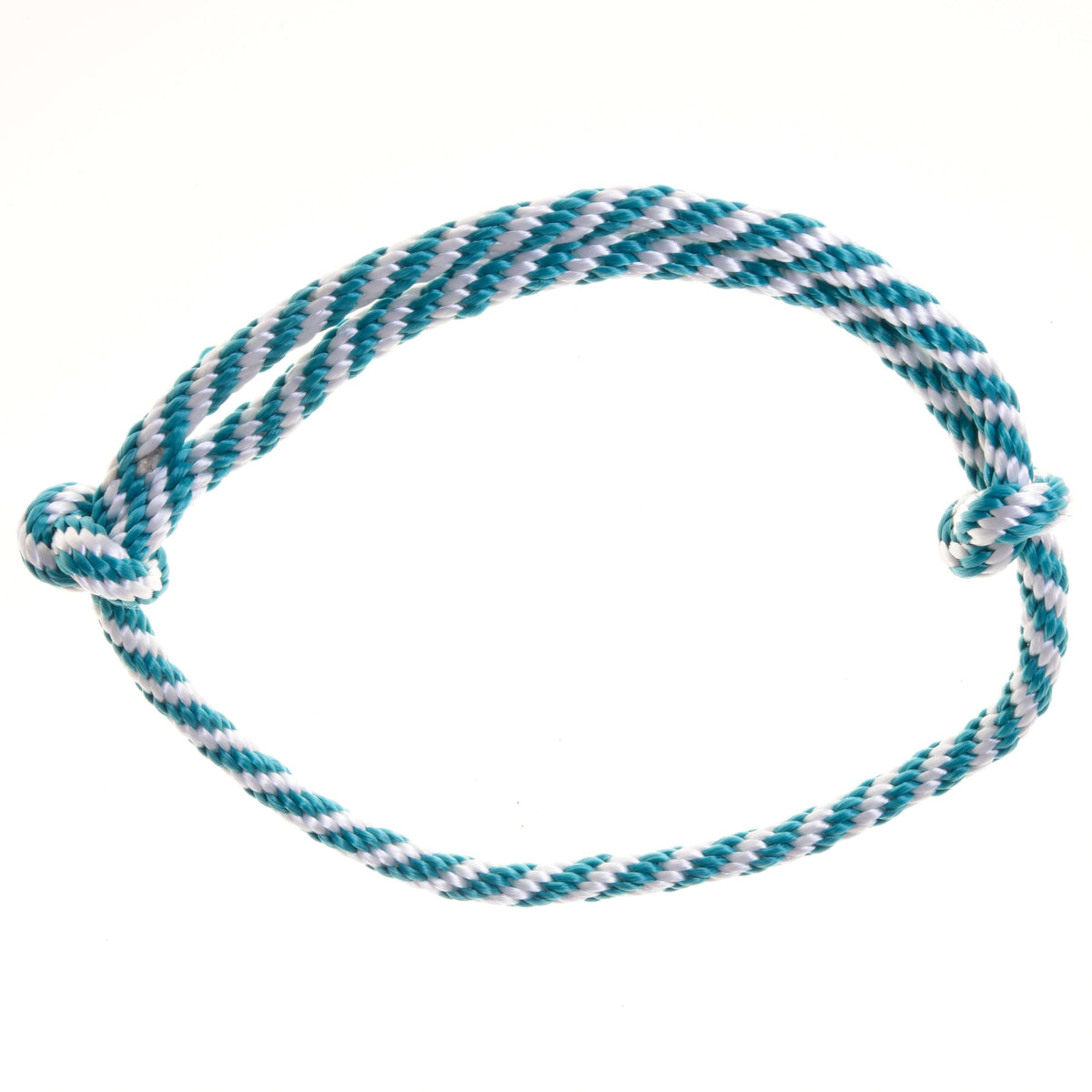 The Set Start Turquoise by Hobby Horse LarDen includes a halter, cordeo, lead rope, and reins—shown here as a turquoise and white twisted rope with simple knots at both ends, ideal for Hobby Horse enthusiasts.