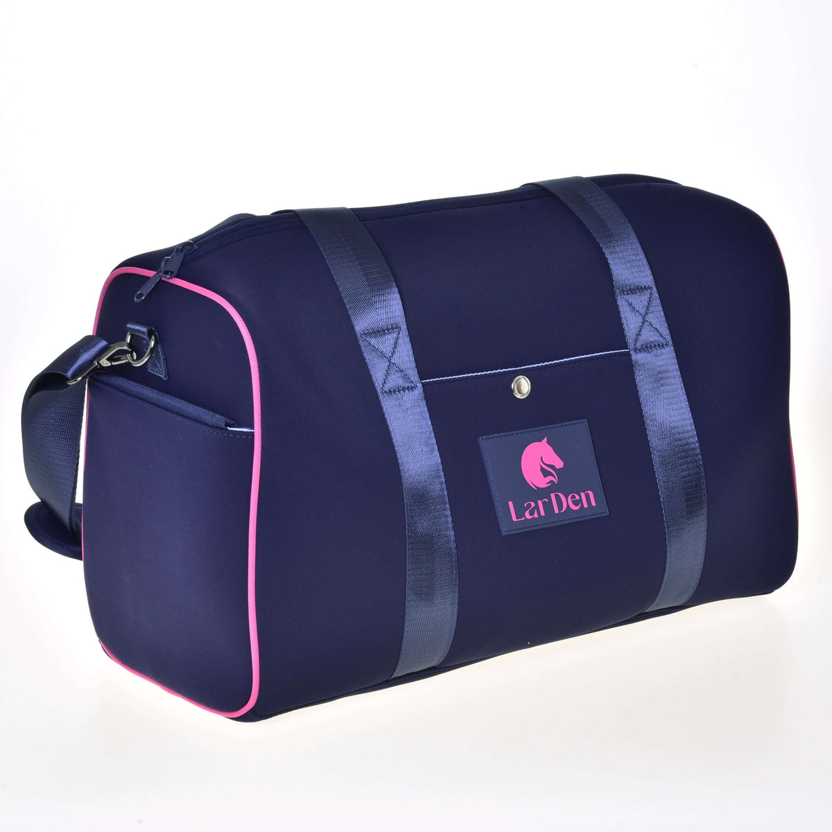 Hobby Horse Sports bag LarDen Pink in navy neoprene with pink piping, a pink logo on a front patch and a shoulder strap