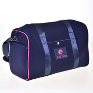 The Sports bag LarDen Pink by Hobby Horse LarDen features a navy blue body, pink trim, adjustable shoulder strap, dark blue handles, front pocket with button, and a logo patch with horse head graphic—ideal for travel.