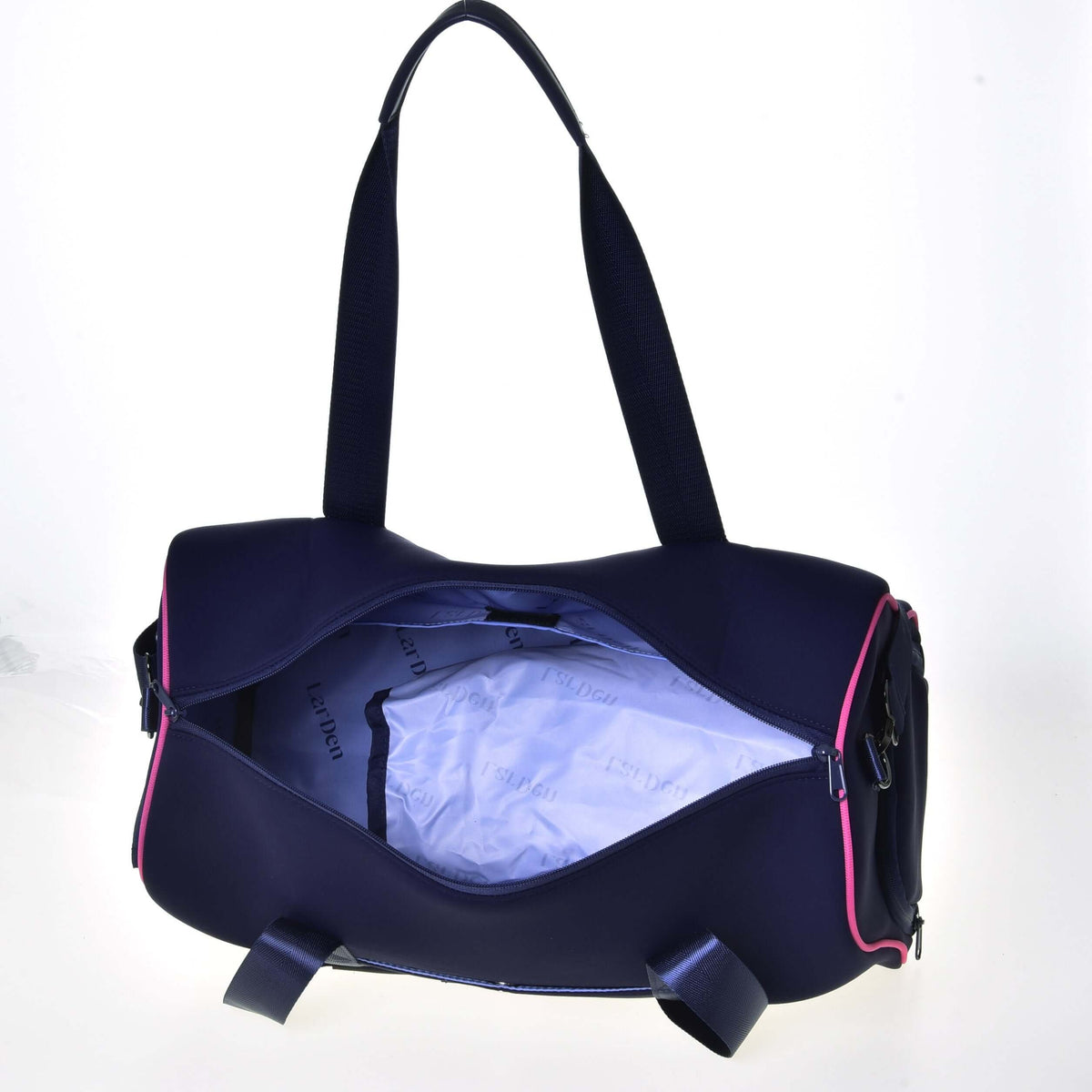 Hobby Horse Sports bag open from above, showing the roomy main compartment with pale lilac LarDen-print lining
