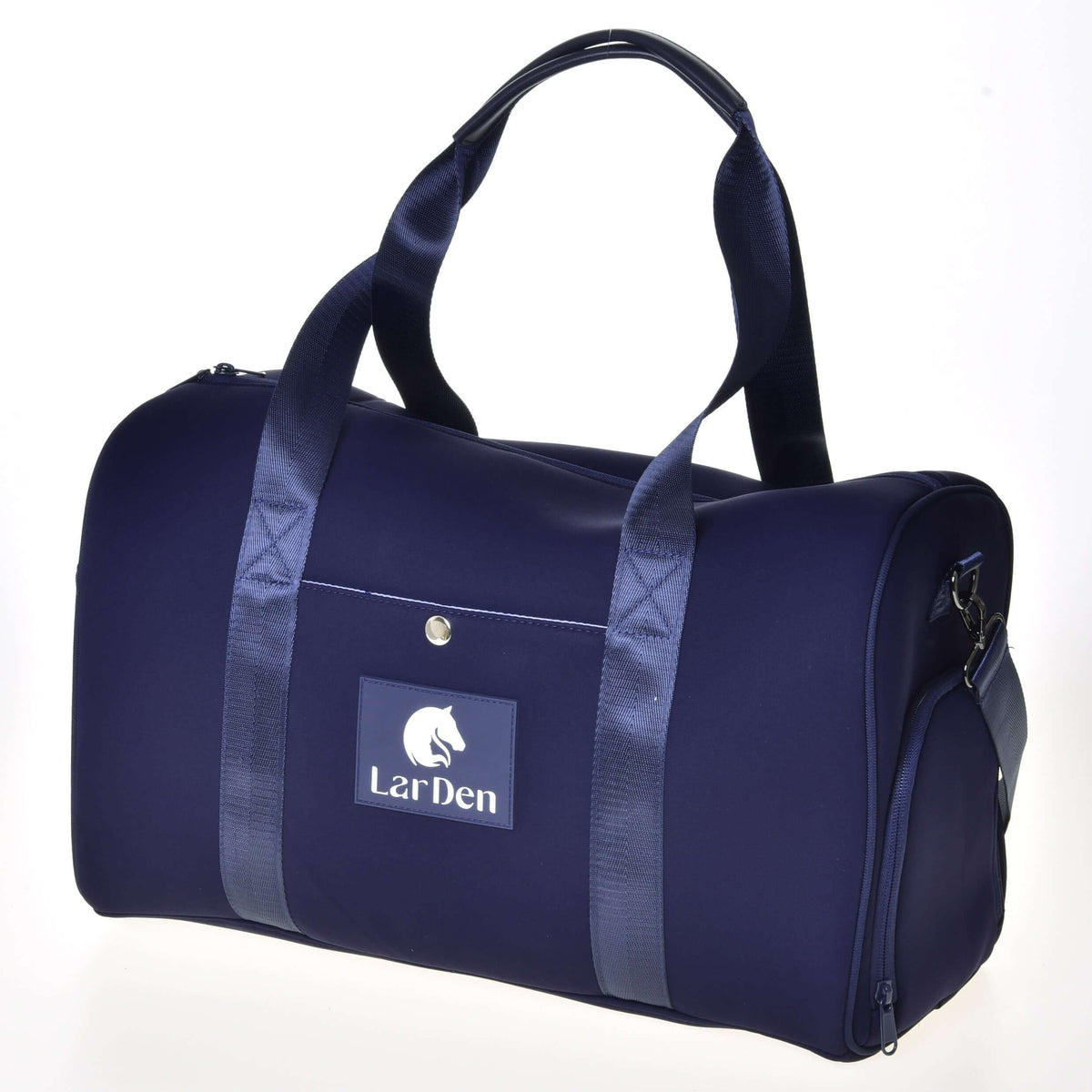 Hobby Horse Sports bag LarDen in navy neoprene with matching webbing handles, a white logo patch and a zipped end pocket