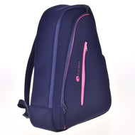 The Hobby Horse Backpack LarDen by Hobby Horse LarDen is a sleek, dark blue neoprene bag with pink zippers and accents, padded straps, a curved design, and a vertical front pocket, shown on a white background.