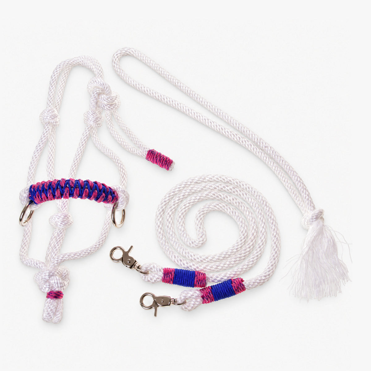 Hobby Horse Rope set White by LarDen: white rope halter with a blue and pink braided noseband and rope reins with a tassel