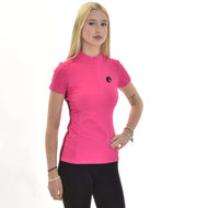 A young woman with long blonde hair models the T-Shirt LarDen Pink by Hobby Horse LarDen, a bright pink spandex short-sleeve sports top, paired with black pants and posing against a plain white background with one hand on her hip.