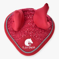 The Ear bonnet crocheted Red Sport by Hobby Horse LarDen features two upright fabric ears, a white horse logo with “LaRDen” text on the front, and is finished with a grey trim for a stylish look.